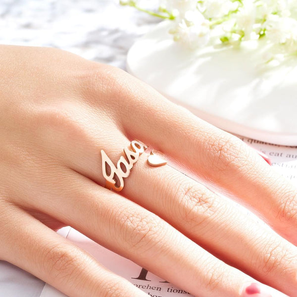 Custom Name Ring Heart Open Adjustable Rings